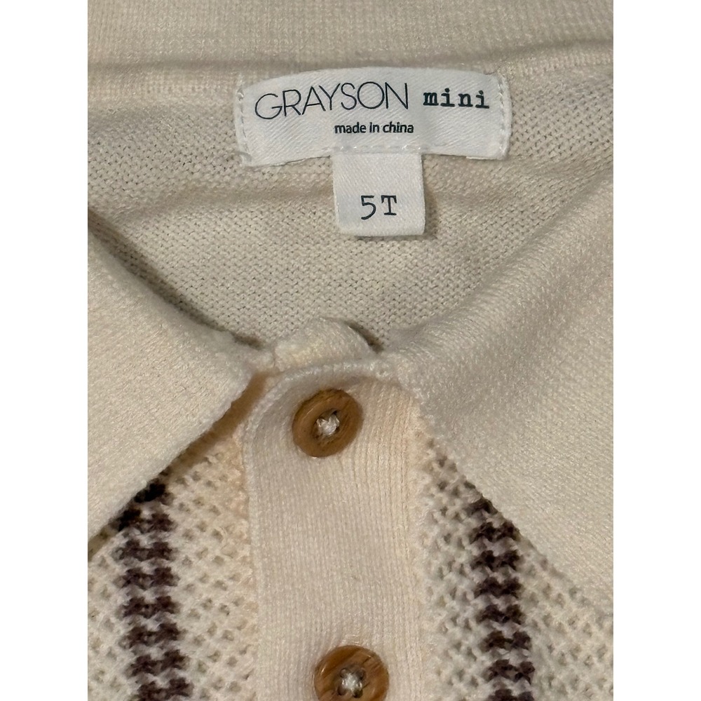 Grayson Mini Toddler Boys 5T‎ Knit Polo Sweater Cream Brown Striped Short Sleeve - Picture 2 of 6